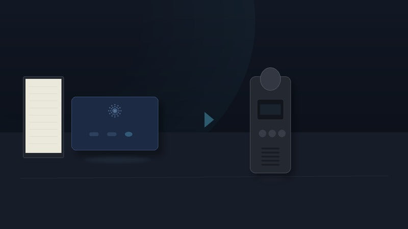 Slim AI card recorder beside a generic traditional handheld on a dark desk — card-vs-traditional fork, no fake specs