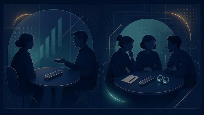 Card recorder in plain view at a client meeting beside an internal team huddle — editorial chooser, no logos or invented scores
