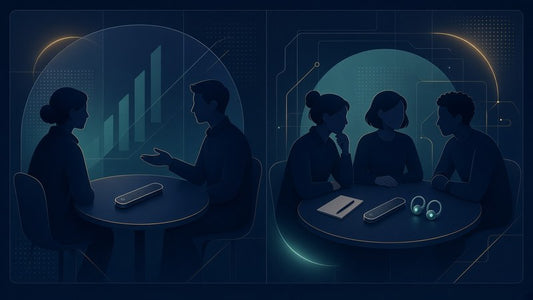 Card recorder in plain view at a client meeting beside an internal team huddle — editorial chooser, no logos or invented scores