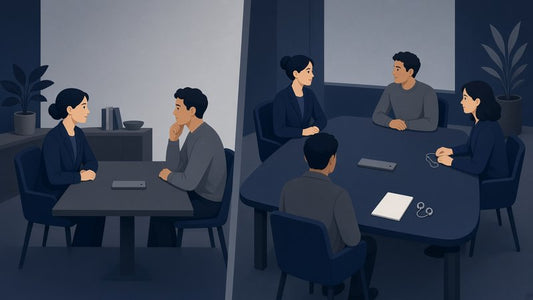 A card-shaped voice recorder between two people at a small desk, beside the same recorder lying at the center of a group meeting table. No text, logos or scores.