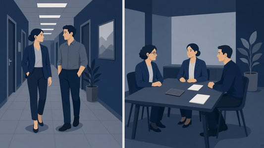 Two colleagues talking during an unplanned hallway stop beside a card recorder centered on a scheduled meeting table — editorial chooser, no logos or invented scores