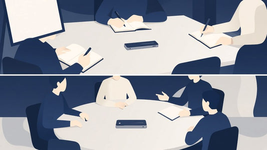 Card recorder centered on a workshop practice table beside the same form factor on a decision meeting table — editorial chooser, no logos or invented scores
