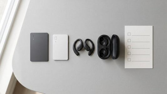 TicNote card, Lite and Pods laid out beside a blank product-family checklist
