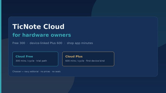 TicNote Cloud Free vs Plus for hardware owners — navy editorial chooser, no prices or seals