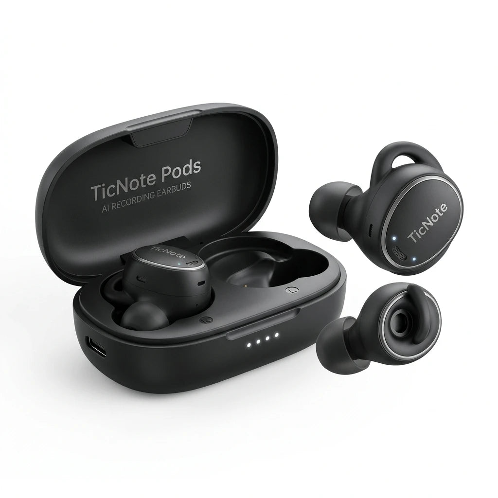 TicNote Pods AI Recording Earbuds - open ear design with live translation display