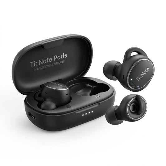 TicNote Pods AI Recording Earbuds - open ear design with live translation display