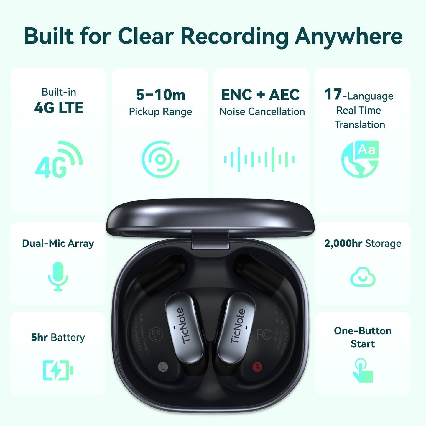 TicNote Pods 4G Wearable AI Voice Recorder | Built-in 4G, Auto Meeting Notes, 360° Omnidirectional Pickup (10m Range) & ENC - Ticnote