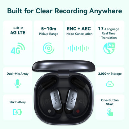 TicNote Pods 4G Wearable AI Voice Recorder | Built-in 4G, Auto Meeting Notes, 360° Omnidirectional Pickup (10m Range) & ENC - Ticnote