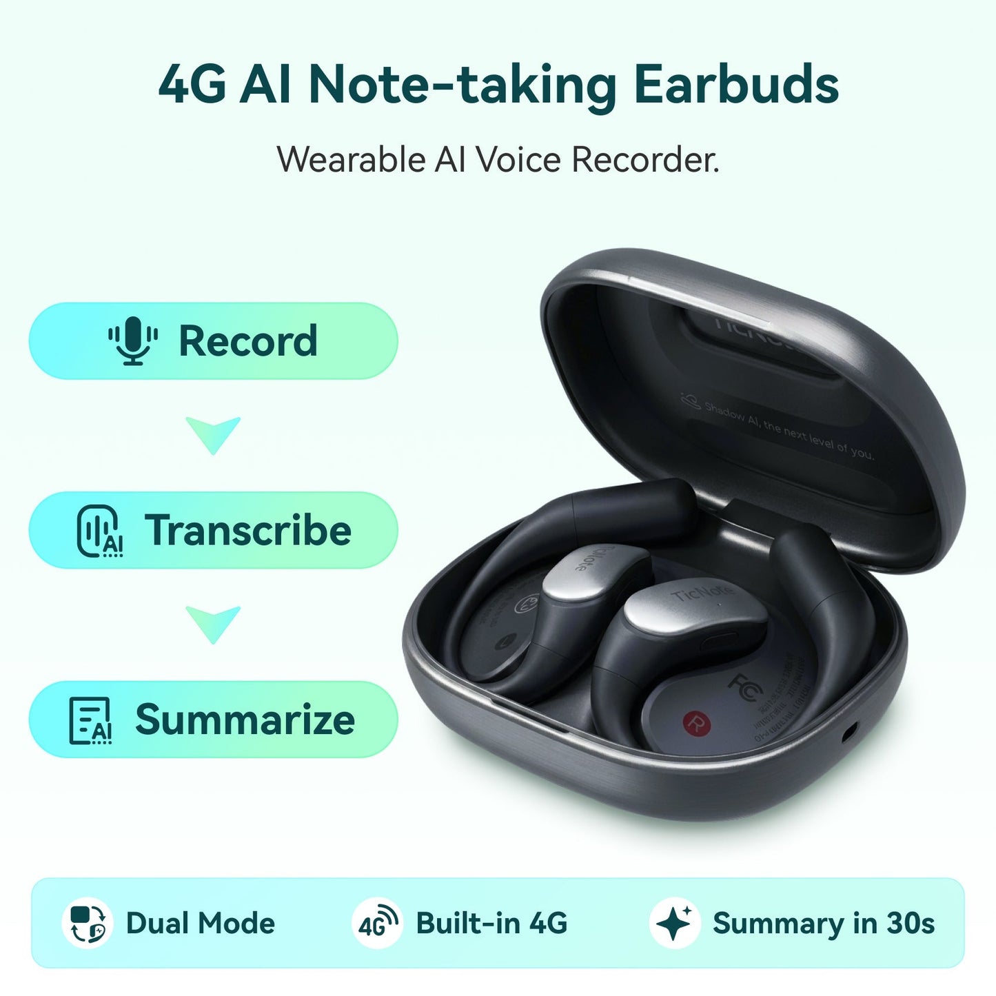 TicNote Pods 4G Wearable AI Voice Recorder | Built-in 4G, Auto Meeting Notes, 360° Omnidirectional Pickup (10m Range) & ENC - Ticnote
