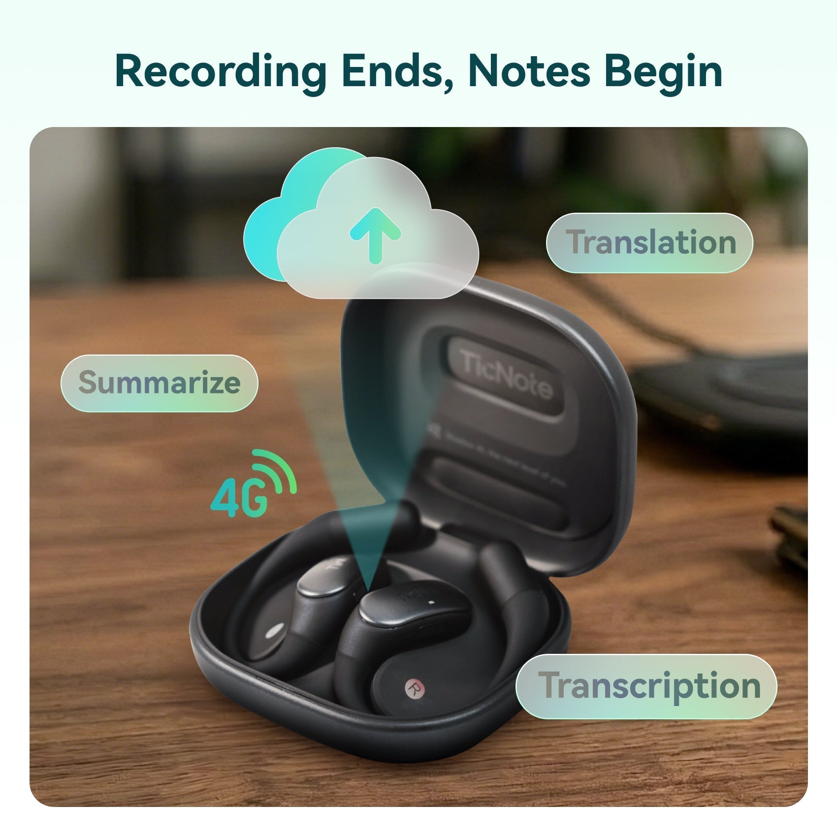 TicNote Pods 4G Wearable AI Voice Recorder | Built-in 4G, Auto Meeting Notes, 360° Omnidirectional Pickup (10m Range) & ENC - Ticnote